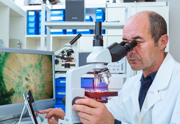 lab tech peering into microscope